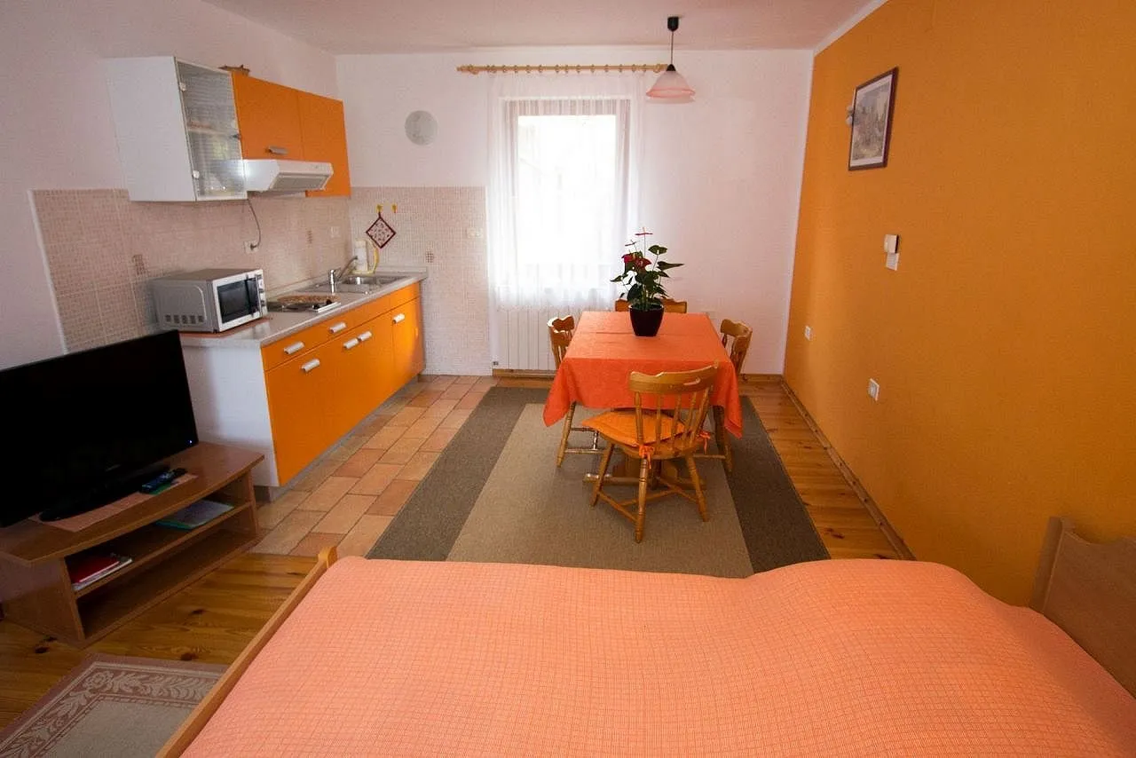 Oranžni apartma: prostor s posteljo, oranžno kuhinjo in jedilno mizo