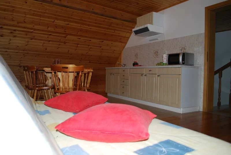 Podstrešni apartma: kuhinjski blok z napo in mikrovalovno pečico, jedilna miza z lesenimi stoli pod lesenim poševnim stropom